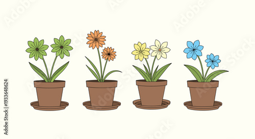 Simple illustration of four different colored flowers growing in brown pots, arranged in a row from green, orange, yellow to blue.