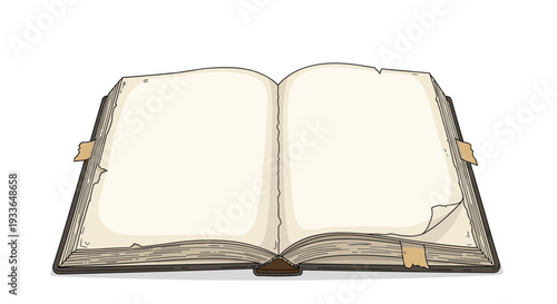 Realistic illustration of an open old vintage book with blank weathered pages and bookmarks, perfect for themes of literature and storytelling.