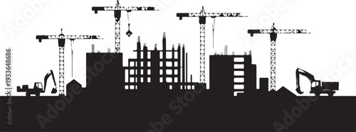 Black silhouette construction site with cranes and buildings