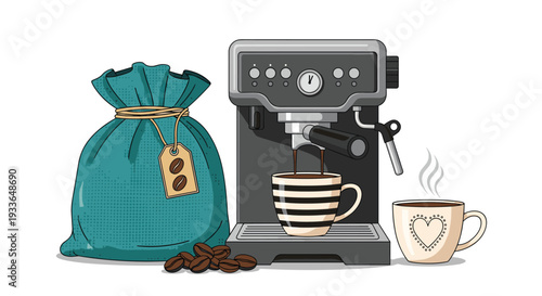 Coffee preparation scene featuring an espresso machine brewing into a striped cup next to a burlap bag of coffee beans and a heart-themed mug.