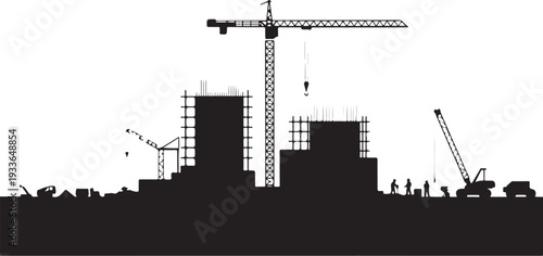 Black silhouette construction site with cranes and buildings