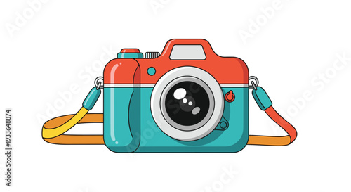 Retro style film camera in orange and teal colors with a colorful shoulder strap isolated on a plain white background.