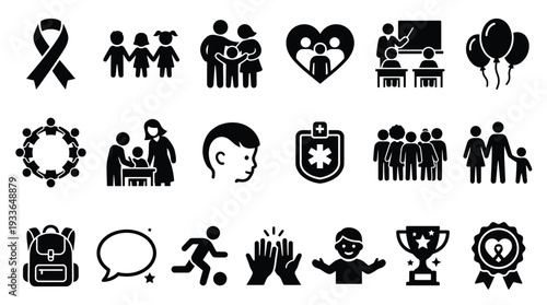 Collection of diverse icons representing childhood, education, family, health, and community support.