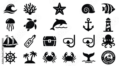A collection of black and white vector icons representing various marine life, nautical objects, and beach elements.