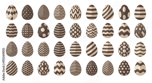 Extensive grid of thirty two unique brown and beige patterned Easter eggs for rustic holiday decorations and greeting cards.