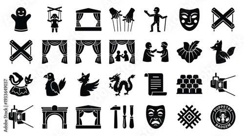 A comprehensive collection of black and white icons representing various elements of theater and performance art.