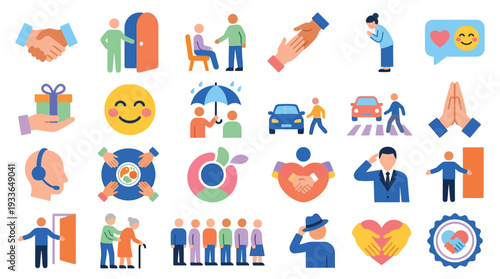A collection of colorful flat icons representing various aspects of human interaction, community, and support.