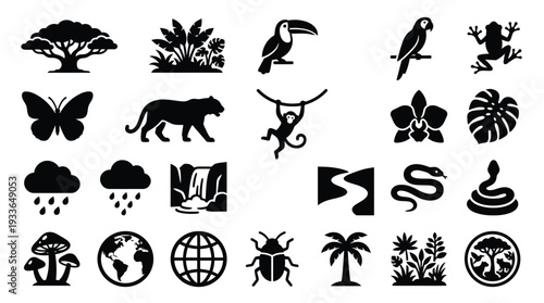 A collection of black and white silhouette icons representing various elements of a jungle or rainforest ecosystem, including flora, fauna, and weather.