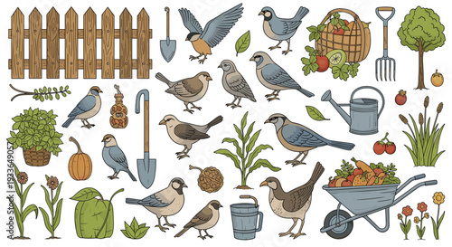 Charming collection of backyard birds, gardening tools, vegetables, and flowers for a whimsical nature and farm theme.