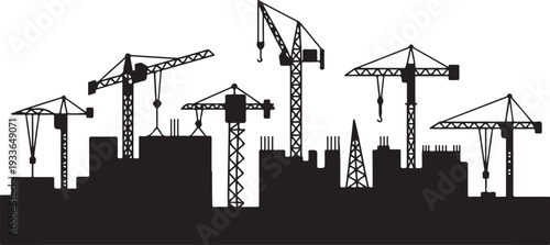 Black silhouette construction site with cranes and buildings