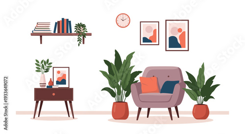 Modern and cozy living room interior with a comfortable armchair, indoor plants, shelving with books, and framed wall art.