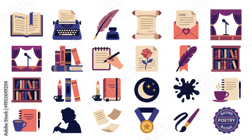 A collection of artistic icons representing literature, poetry, writing, and creativity, including books, typewriters, quills, inkwells, scrolls, stages, and writing tools.