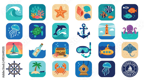 A vibrant collection of 25 square icons featuring various marine life, nautical symbols, and ocean-themed elements, presented on a grid.