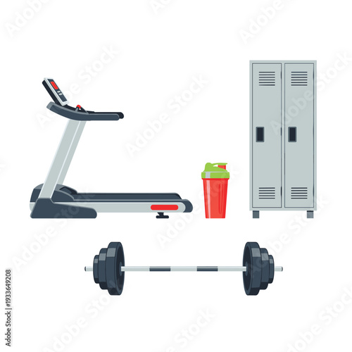 Gym Equipment Set Treadmill Barbell Lockers and Shaker Bottle.