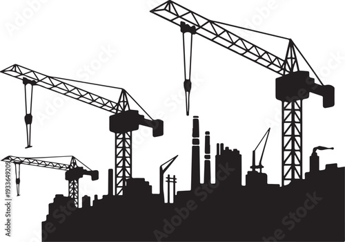Black silhouette construction site with cranes and buildings
