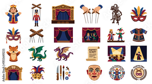 A vibrant collection of 25 cartoon-style icons representing various elements of puppet theater, including characters, stages, and props.