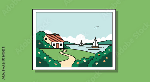 Peaceful framed illustration of a small white house by the sea with green bushes, flowers, and sailboats on the water.