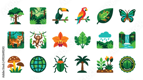 A vibrant collection of flat design icons representing the lush biodiversity and natural elements of a tropical rainforest ecosystem.