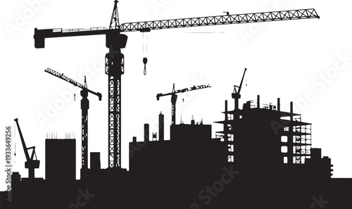 Black silhouette construction site with cranes and buildings