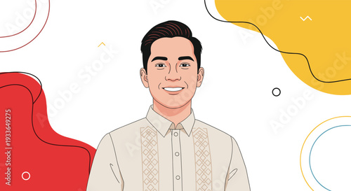 Smiling young man wearing a traditional Filipino barong tagalog shirt set against a modern abstract background with shapes.