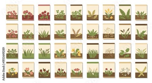 Grid of thirty two illustrated seed packets for various garden plants, flowers, and herbs for agriculture and gardening topics.