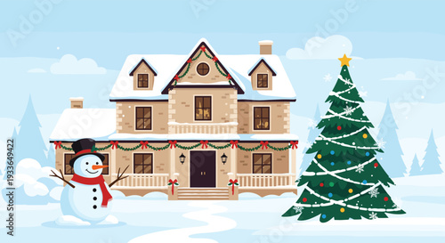 Festive two story house decorated for Christmas with a large lit tree, a snowman, and garlands under a snowy sky.