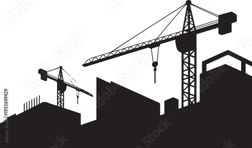 Black silhouette construction site with cranes and buildings