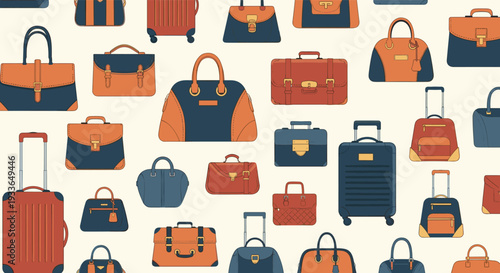 Large seamless pattern of diverse luggage items including suitcases, travel bags, briefcases, and handbags on a light cream background.