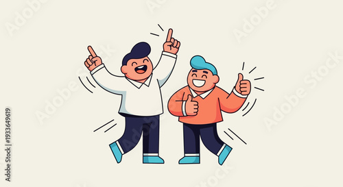 Two joyful individuals celebrating together with thumbs up gesture in a friendly illustration setting viewed from the front happily