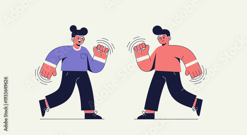 Two individuals actively communicating through mobile devices in a dynamic modern environment from a straightforward viewpoint illustration