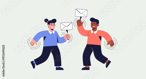 Two people running and exchanging emails in a modern office environment from a front viewpoint