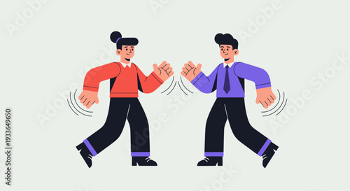 Two men dancing together in a lively energetic scene with movement and dynamic poses in a simple illustration style from a front view