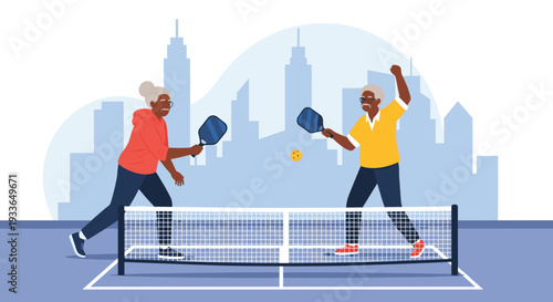Two active elderly people playing a friendly game of pickleball on an outdoor court with a city skyline in the background.