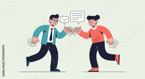 Two men in business attire running towards each other in a gesture of mutual understanding and communication in a flat illustration style
