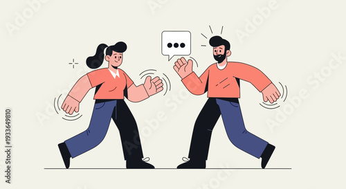 Man and woman engaged in conversation, actively gesturing while standing together in a dynamic illustration