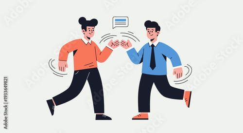Two men in business attire running and exchanging a document in a dynamic illustration