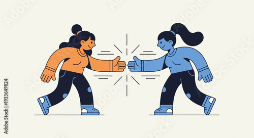 Two women in casual attire fist bumping in a gesture of solidarity and friendship, illustrated in a simple graphic style.