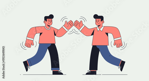 Two men in motion fist bumping in a dynamic illustration of friendship and camaraderie from a straightforward viewpoint