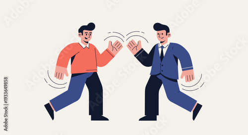 Two men engaging in a friendly handshake gesture, illustrating partnership and agreement, vector illustration, modern flat style, simple background.