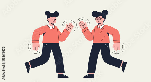 Two people high-fiving in a friendly gesture with dynamic motion lines around their hands and feet.