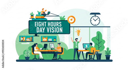 Office workers with eight hours day vision sitting at desks with computers and plants around them in a modern workspace