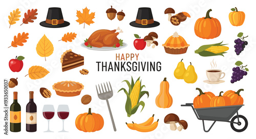 Extensive Thanksgiving holiday icons collection featuring roast turkey, pumpkins, pilgrim hats, wine glasses, autumn leaves, and sweet pies.
