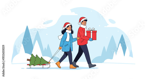 Joyful winter scene showing couple in Santa hats walking through snow with Christmas tree on sled and red gift box in hand during holidays.