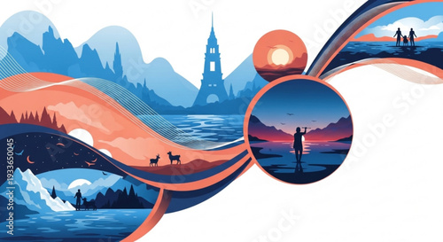 Vibrant landscape collage with wavy lines cityscape mountains serene lake and people enjoying scenic views at sunset