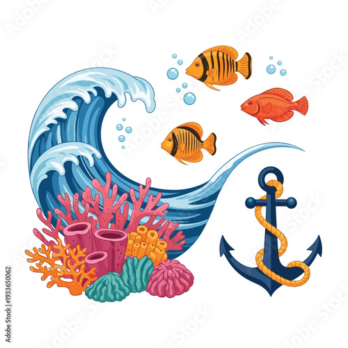 Ocean Wave Coral Reef Fish Anchor Nautical Theme.