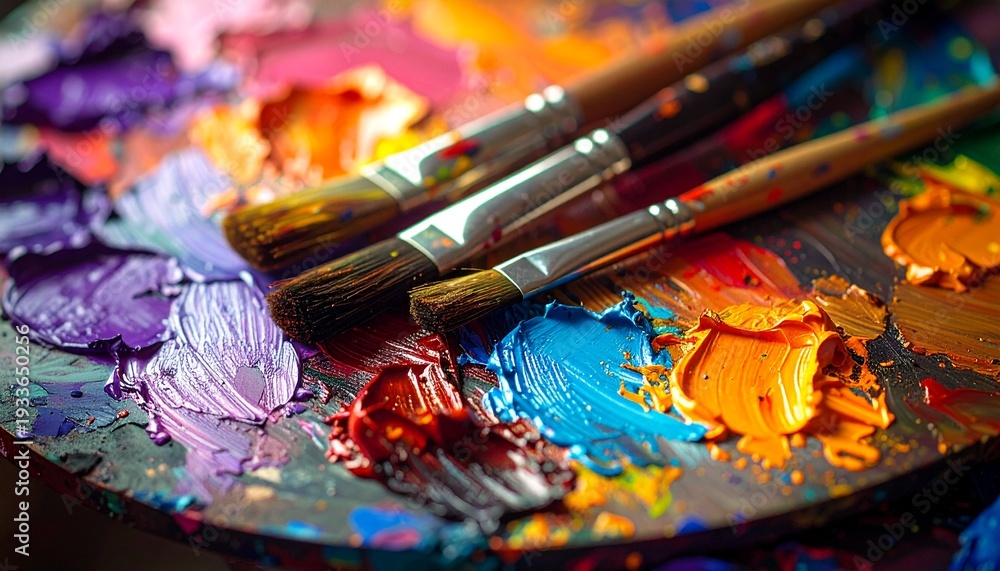 Fototapeta premium painter's palette with thick oil paint textures and brushes, 