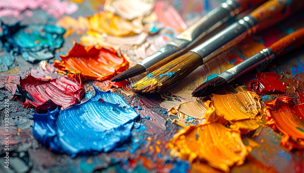 Obraz premium painter's palette with thick oil paint textures and brushes, 