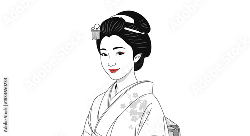 Detailed black and white illustration of woman in traditional Japanese kimono with elaborate hairstyle and decorative hair ornaments and pins.