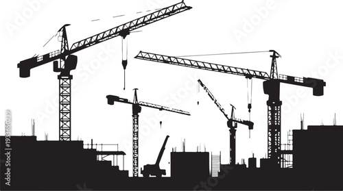 Black silhouette construction site with cranes white background