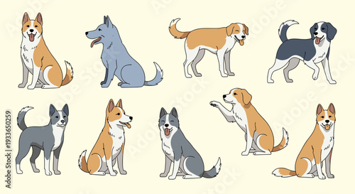 Large collection of different dog breeds in various poses like sitting, standing, and playing on a neutral light yellow background surface.